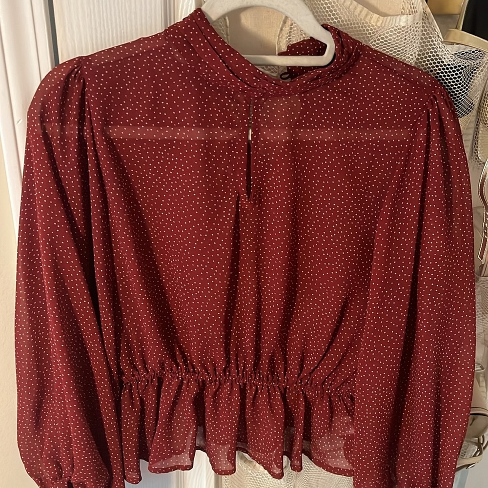 Love Tree Red Ruffled Blouse with Mandarin Collar